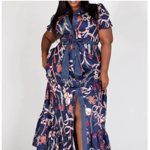 Blue Print Button Up Maxi - Picture 1 of 3